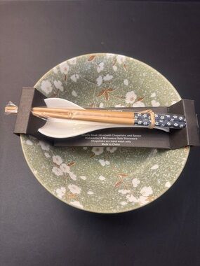 SH Home 4pc Ceramic Noodle Bowl with Chopstick & Spoon Set